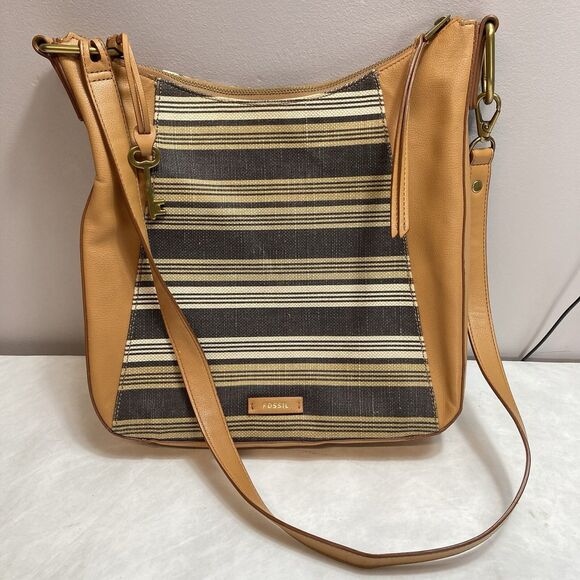 Fossil Talia Hobo Shoulder Bag Crossbody Purse Tan Stripe SHB2778558 Retail $228 - Picture 7 of 14